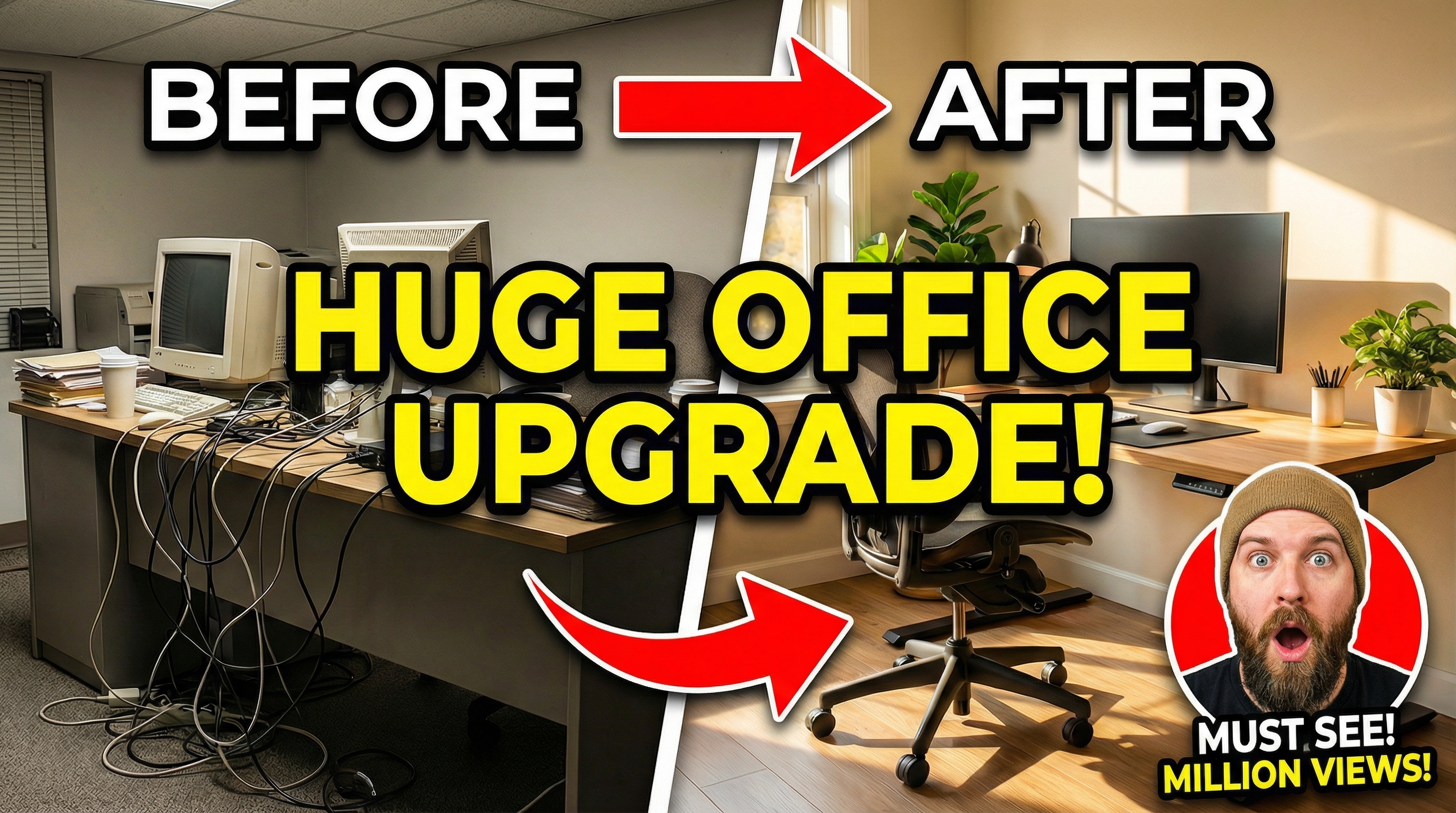 A before-and-after split screen thumbnail showing a home office transformation