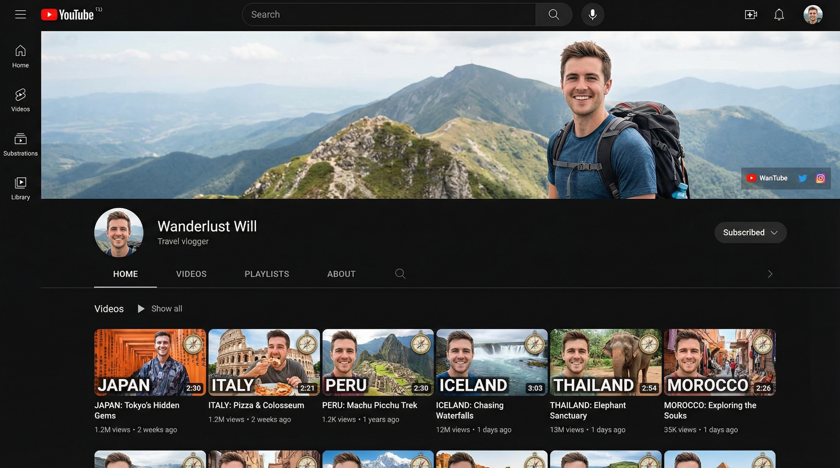 A YouTube channel page showing thumbnails that share a consistent color scheme and font but each has a unique composition