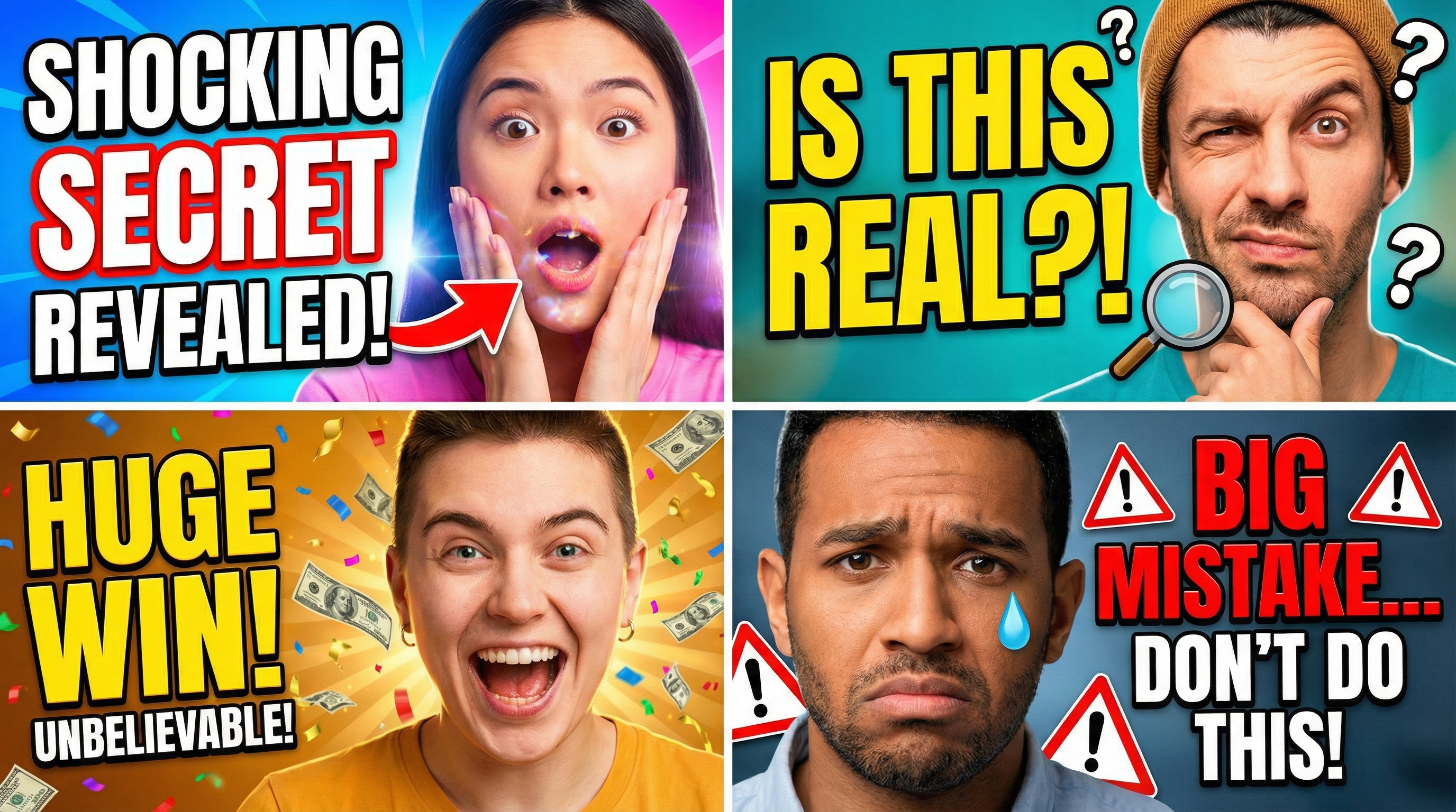 Four YouTube thumbnail examples showing different exaggerated facial expressions: surprise, curiosity, excitement, and concern