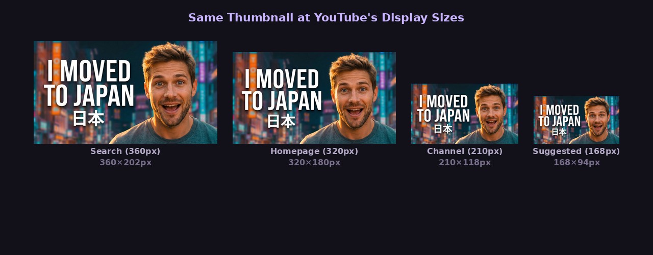 The same thumbnail shown at YouTube's actual display sizes from 360px down to 168px