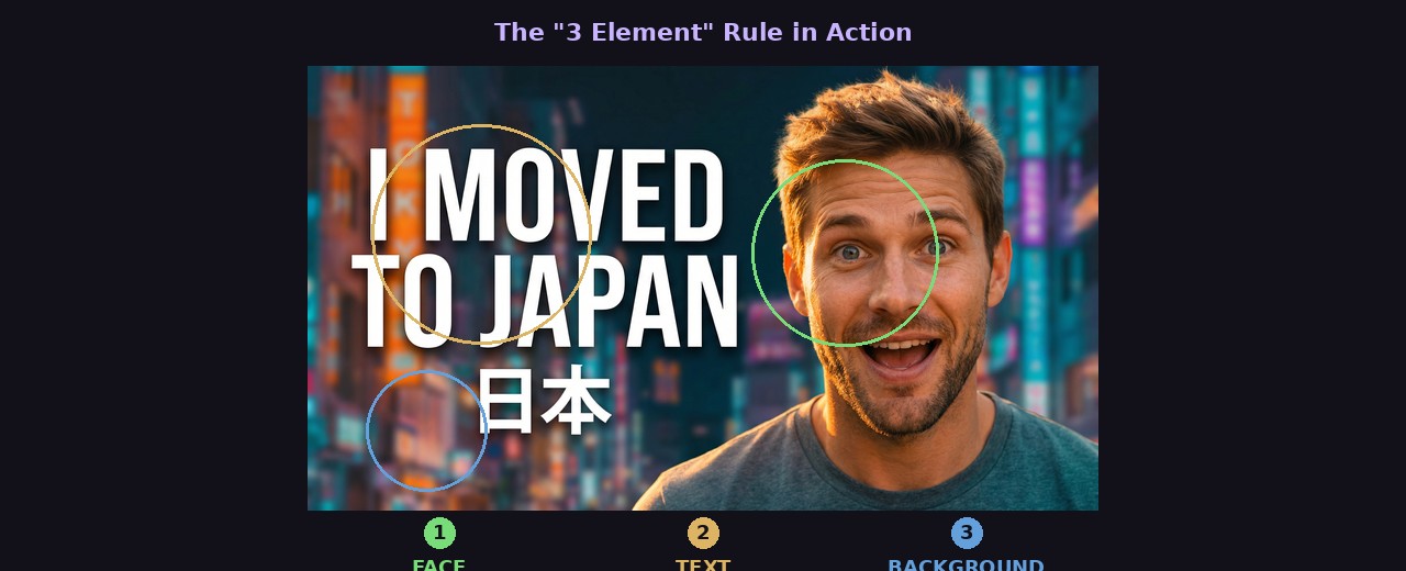 The 3 element rule applied to a thumbnail: face, text, and background each circled and labeled