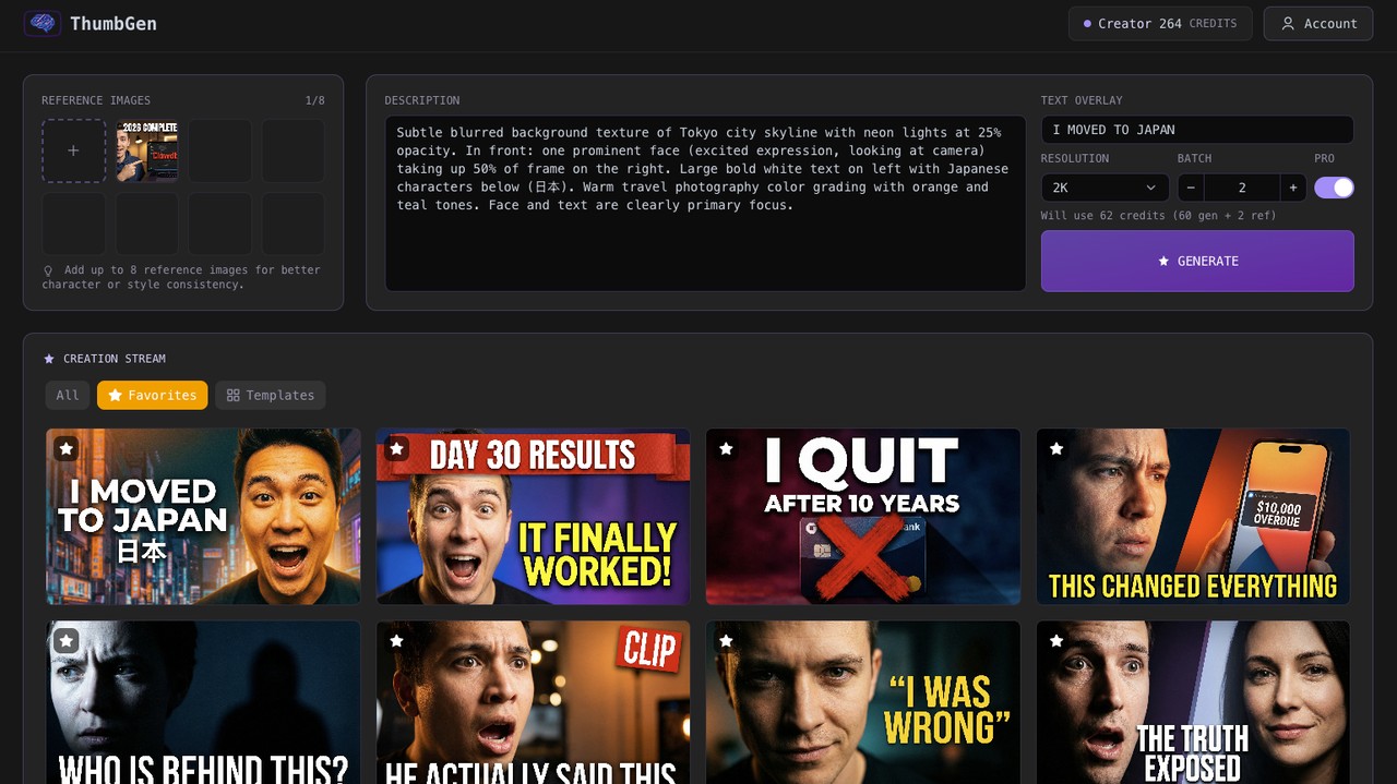 ThumbGen interface showing prompt, resolution options, and generated thumbnails